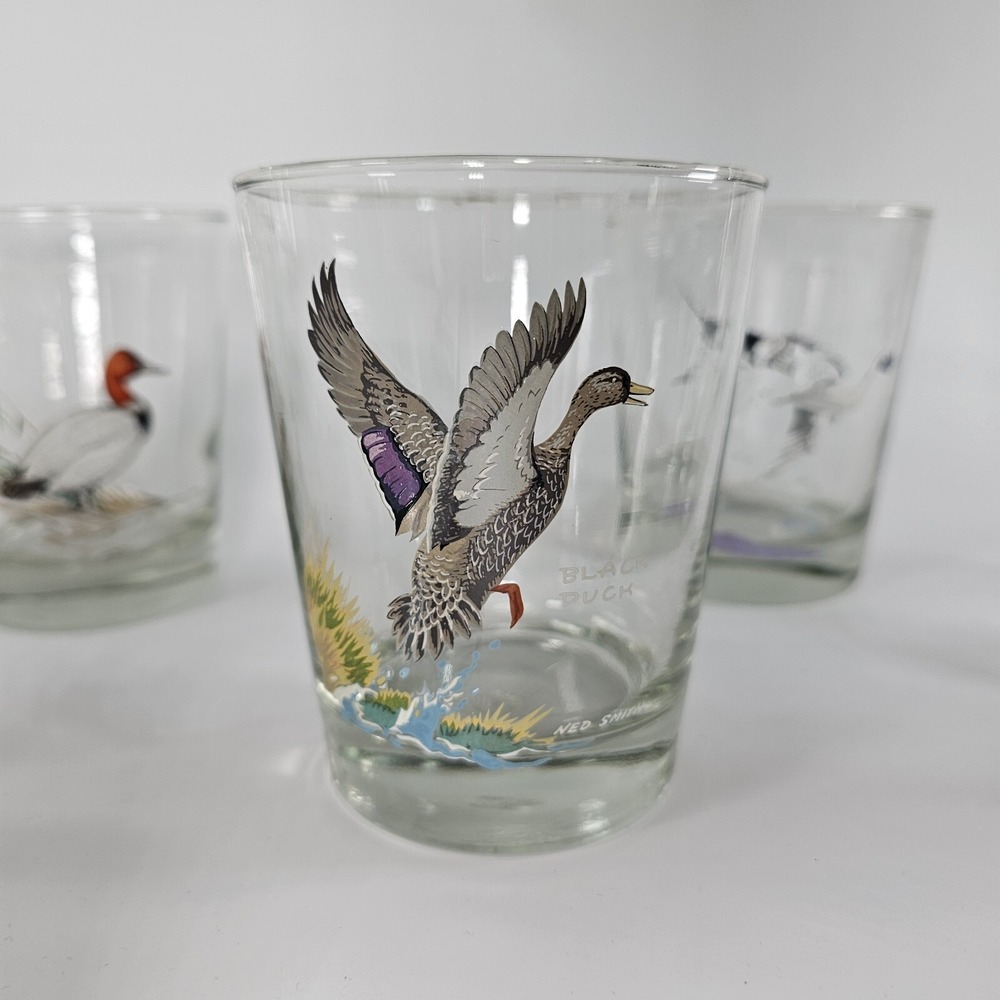 Vtg ORVIS Ned Smith Lot of 8 Glasses Set Ducks Hunting Man Cave Whiskey Cups